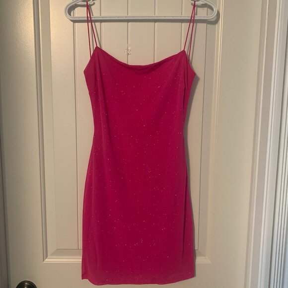 Misty Rose pink sparkle mini fitted party dress, medium, open back, thin straps - Picture 1 of 7
